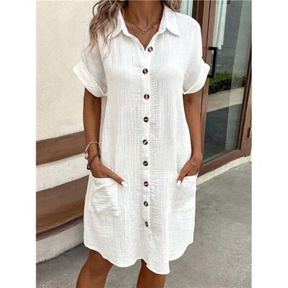 Casual Button Down Cotton Shirt Dress with Pockets - Picture 1 of 15